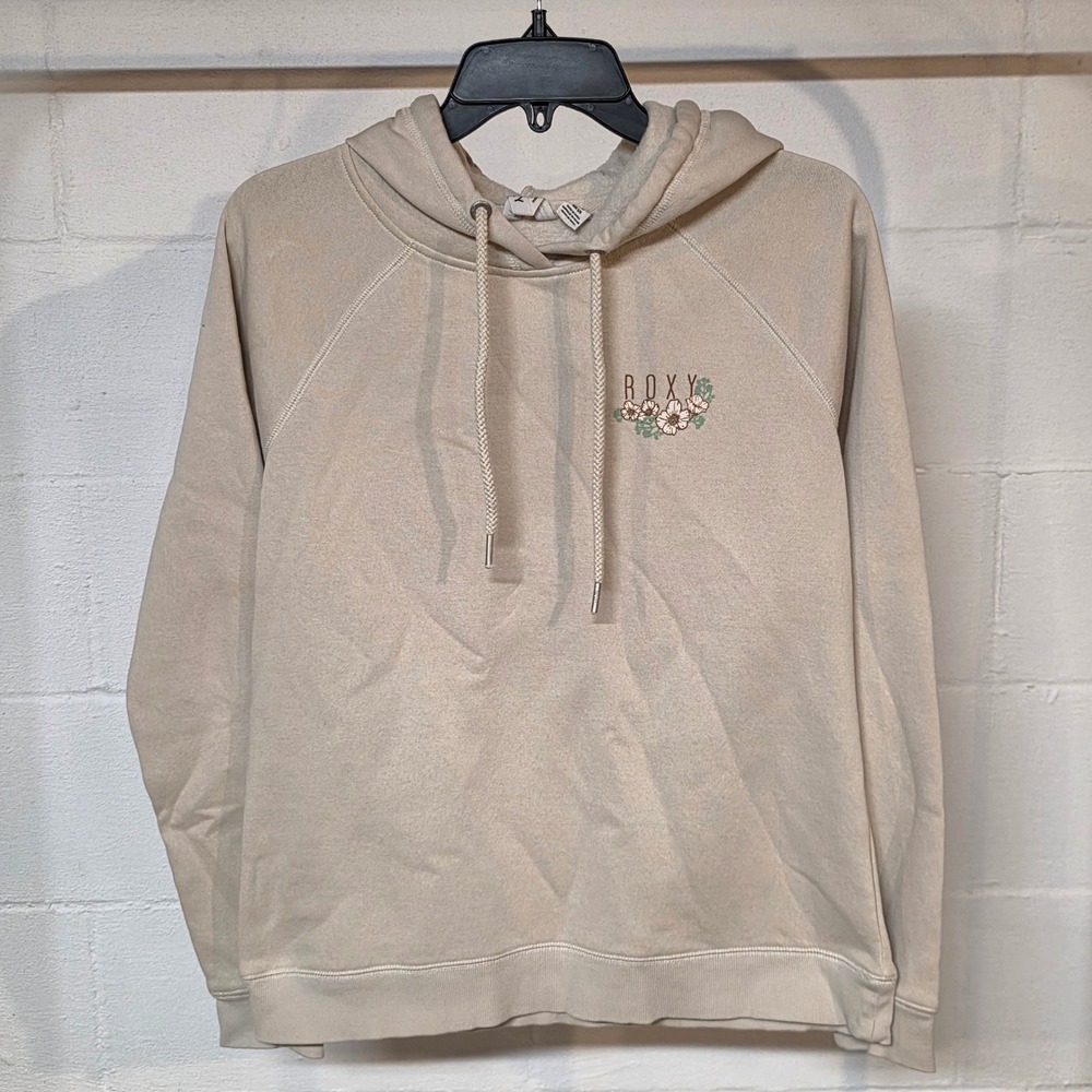 Roxy Women S Adventure Cream Floral Logo Long Sleeve Pullover Hoodie Beige